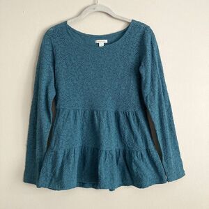 Garnet Hill Womens Lace Knit Teal Sheer Top Overlay Size XS Long Sleeve Tiered